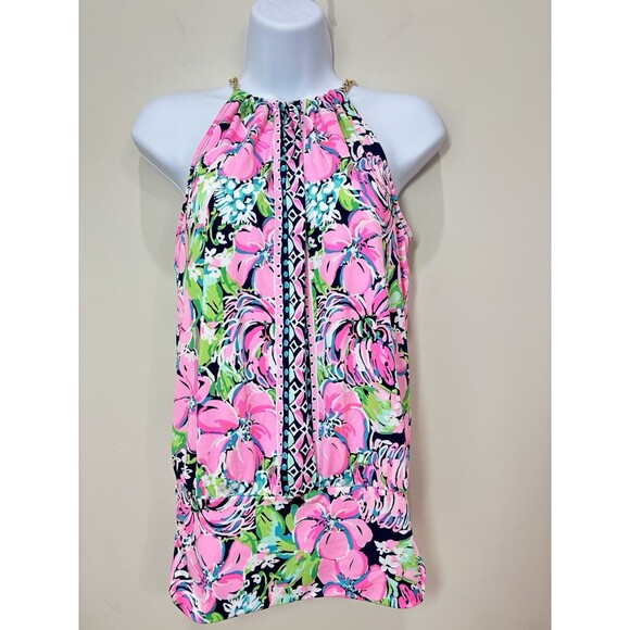 Lilly Pulitzer Bowen Top High Tide Navy XS Gold Chain Halter Pink Tropical Flora - Picture 1 of 9